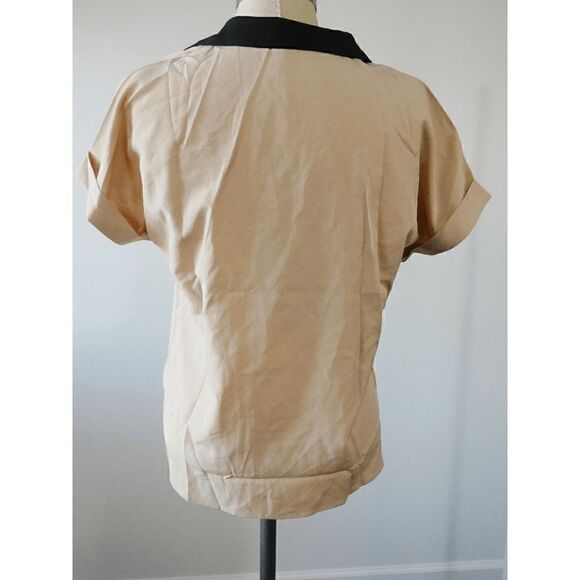 Apricot & Black Women's Color Block Bal Collar V-Neck Short Sleeve Blouse M #184 - Picture 3 of 6